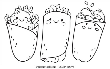 set of cute roll illustration. funny character, street food. kebab