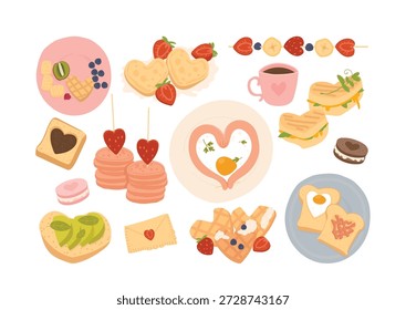 Set of cute romantic breakfast or morning brunch dishes as surprise to happy Valentines Day. Cafe or home menu design with pancakes, sandwiches, cookies, fruits and coffee vector illustration