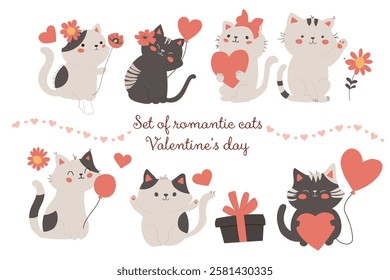 Set of cute romantic cat illustrations for Valentine's Day. Adorable love-themed clipart with hearts, flowers, and gifts