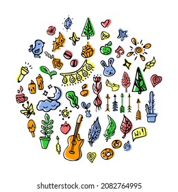 Juego de adorables colores románticos vectorial doodle Dibujo a mano iconos para la decoración