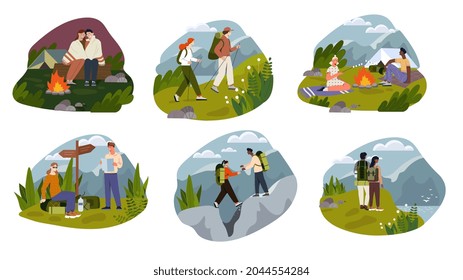 Set with cute romantic couple camping together on white background. Male and female characters are traveling in mountains and forest with backpacks. Flat cartoon vector illustration