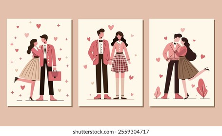 set with cute romantic couple on the beige background in minimalist style. vector art with group of couples of lovers. vector template for valentine's day in flat style. vector flat card