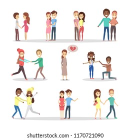 Set of cute romantic couples in love. Happy people hug each other. Lonely woman with broken heart. Isolated flat vector illustration