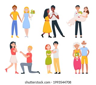 Set of cute romantic couples in love. Happy people hug each other, holding hands, dancing. Proposing, newlyweds, old couple. Isolated flat illustration