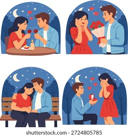 Conjunto de cenas de namoro romântico bonito mostrando casais passando tempo juntos durante os encontros noturnos e noturnos.