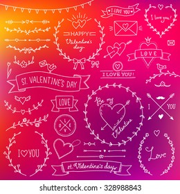 Set of cute romantic design elements for st Valentines day on multicolor background
