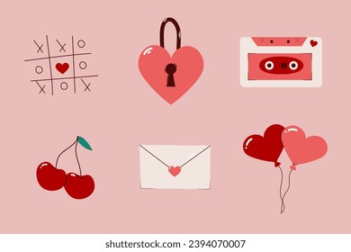 A set of cute, romantic elements for Valentine's Day. Retro style stickers