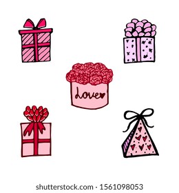 Set of cute and romantic gift boxes. Vector cartoon doodles. Isolated objects on a white background. Black pink and red colors.