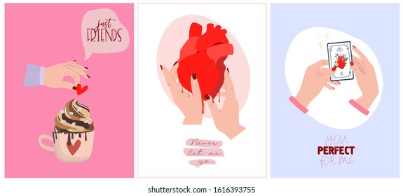 Set of cute romantic greeting cards for Valentines Day. Romantic typography and elements perfect for prints. Editable vector illustration.