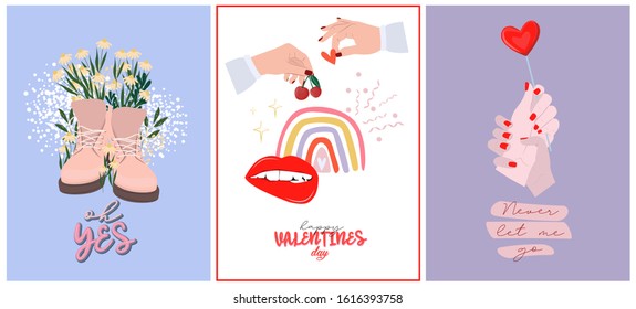 Set of cute romantic greeting cards for Valentines Day. Romantic typography and elements perfect for prints. Editable vector illustration.