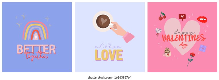 Set of cute romantic greeting cards for Valentines Day. Romantic typography and elements perfect for prints. Editable vector illustration.