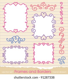 set of cute romantic hand drawn frames