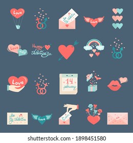 Set of cute and romantic hand-drawn love elements. Trendy cute elements on a dark blue background. Love and Valentines day concept. Hand drawn designs for greeting cards, print, web.