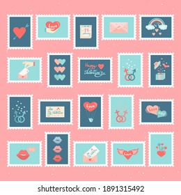 Conjunto de timbres de post dibujadas a mano, lindas y románticas.  Dibujo conceptual por correo y correo en un fondo rosado. El concepto de amor y San Valentín. Diseños dibujados a mano para tarjetas de felicitación