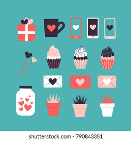 Set of cute romantic icons. Collection of flat illustrations with heart, gift, cupcake, flower, envelope. Modern colors vector design.