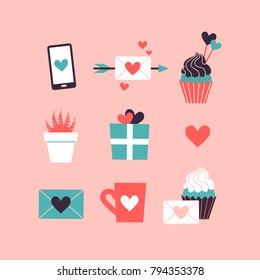 Set of cute romantic icons. Collection of flat illustrations with heart, gift, cupcake, flower, envelope. Modern colors vector design.