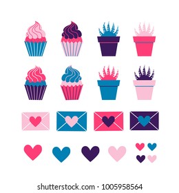 Set of cute romantic icons on white isolated background. Collection of flat illustrations with heart, gift, cupcake, flower, envelope. Modern colors vector design.