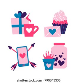 Set of cute romantic icons on white isolated background. Collection of flat illustrations with heart, gift, cupcake, flower, envelope. Modern colors vector design.