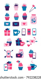 Set of cute romantic icons on white isolated background. Collection of flat illustrations with heart, gift, cupcake, flower, envelope. Modern colors vector design.