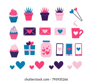Set of cute romantic icons on white isolated background. Collection of flat illustrations with heart, gift, cupcake, flower, envelope. Modern colors vector design.