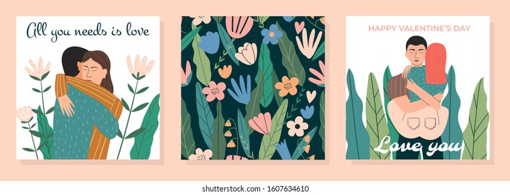 Set of cute romantic illustration. Hugging couples, seamless floral pattern card. Concepts for Valentine's day. love story, romance, relationship. Man and woman in love. Flat vector illustration