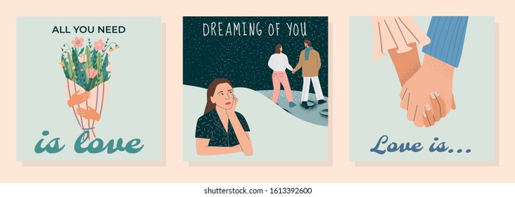 Set of cute romantic illustration. Hugging flowers, dreaming woman, holding hands. Concepts for Valentine's day. love story, romance, relationship. Man and woman in love. Flat vector illustration