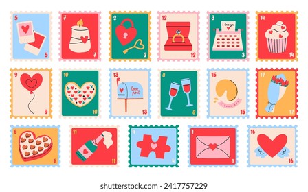 Set of cute romantic postage stamps isolated on white background.	Valentines Day concept.