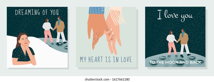 Set of cute romantic postcards. dreaming woman, holding hands,couple on the moon. Concepts for Valentine's day. love story, romance, relationship. Flat vector illustration