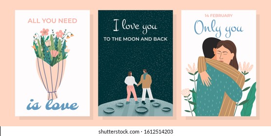 Set of cute romantic postcards. Hugging couple, flowers, walking holding hands on the moon surface. Concepts for Valentine's day. love story, romance, relationship. Flat vector illustration