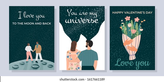 Set of cute romantic postcards. Hugging couple, hands holding flowers,couple on the moon. Concepts for Valentine's day. love story, romance, relationship. Flat vector illustration