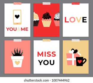 Set of cute romantic templates. Collection of flat illustrations with heart, gift, cupcake, flower, envelope. Modern colors vector design.