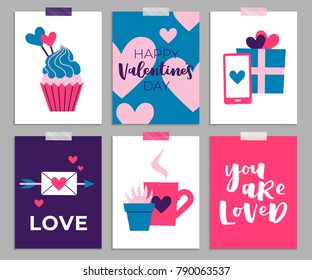Set of cute romantic templates. Collection of flat illustrations with heart, gift, cupcake, flower, envelope. Modern colors vector design.