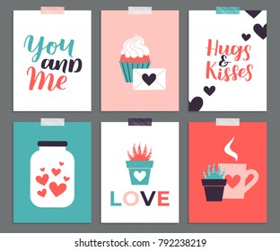 Set of cute romantic templates. Collection of flat illustrations with heart, gift, cupcake, flower, envelope. Modern colors vector design.
