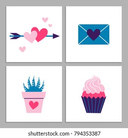 Set of cute romantic templates. Collection of flat illustrations with heart, gift, cupcake, flower, envelope. Modern colors vector design.