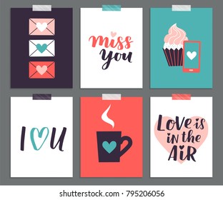 Set of cute romantic templates. Collection of flat illustrations with heart, gift, cupcake, flower, envelope. Modern colors vector design.