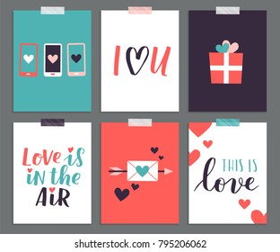 Set of cute romantic templates. Collection of flat illustrations with heart, gift, cupcake, flower, envelope. Modern colors vector design.