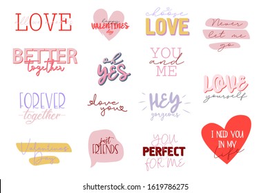 Set of cute romantic typography quotes for Valentines Day. Romantic typography perfect for prints. Editable vector illustration.