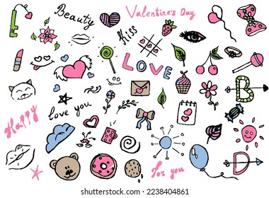 A set of cute romantic-themed doodles for Valentine's Day. Vector illustration of isolated icons on white background