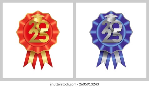 Set of cute rosettes with red and blue ribbons and golden and silver elements. Educational first and second places celebrating. Congratulations template. 3D icons or graphic medals. Isolated image.