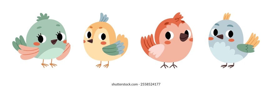 Set of cute round bird characters.Spring cute birds with red cheeks. Birds isolated on white background