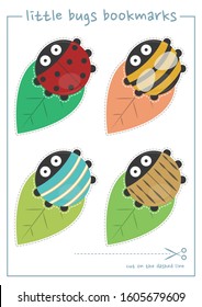 Set of cute round bugs bookmark. Cute insects vector cartoon bookmark for print and cut out. Ladybird, honey bee, land shrimp, beetle. 