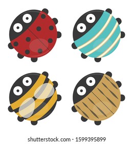 Set of cute round bugs vector illustration cartoon isolated on white background. Cute insects vector cartoon. Ladybird, honey bee, land shrimp, beetle. 