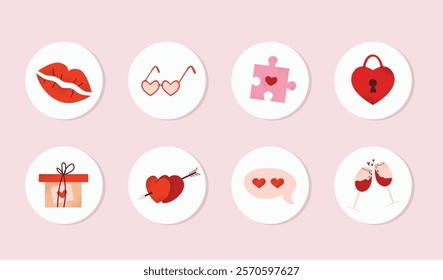 Set of cute round Valentine’s Day labels featuring hearts, lips, gifts, and love icons. Ideal for decorating cards, planners, gift wrapping, and scrapbooking. Vector illustration isolated in pink. 