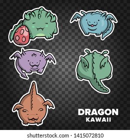 Set of cute round dragons in kawaii cartoon style. Ideal for stickers, illustration for your design, baby textile design and decor, print.