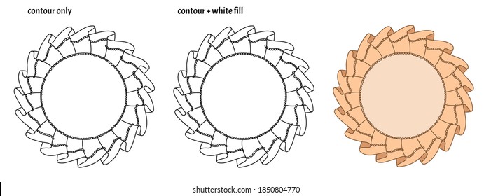 Set of cute round frame templates with textile ruffles and lace. Colored isolated decorative copy space vector illustration