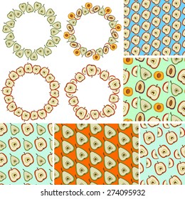 Set of cute round frames and seamless patterns with hand drawn fruits, including apple, pear, apricot and plum. Vector