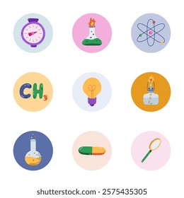 Set of cute round highlights with chemistry and science cartoon clipart. Cover for different social media, blogs, business, branding. Icon pack for stories with bright laboratory illustrations.
