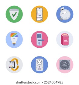 Set of cute round highlights with smart home devices and Internet of Things cartoon clipart. Cover for different social media, blogs, business, branding. Icon pack for stories with remote technology.