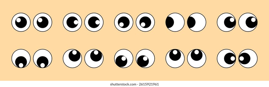 A set of cute, round, isolated eye vector elements. Look down, up, left, right. Different, funny eyeballs. Vector illustration
