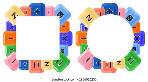 Set of cute round and square frame templates with square colorful buttons of different shapes with stitches and copy space. White background. Flat style illustration.